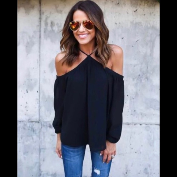 Black off the Shoulder full sleeve halter top - Picture 1 of 5